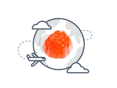 An illustration of an orange jelly dessert in the center of a dotted circle, with simple line drawings of a plane and clouds around the circle on a white background.