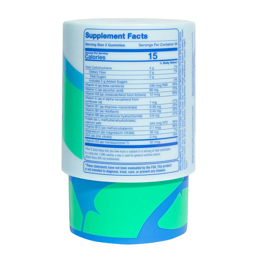 A supplement gummy bottle showing the back label with Supplement Facts, featuring a white label with blue text and teal and blue abstract graphics on the lower half, set against a plain white background.