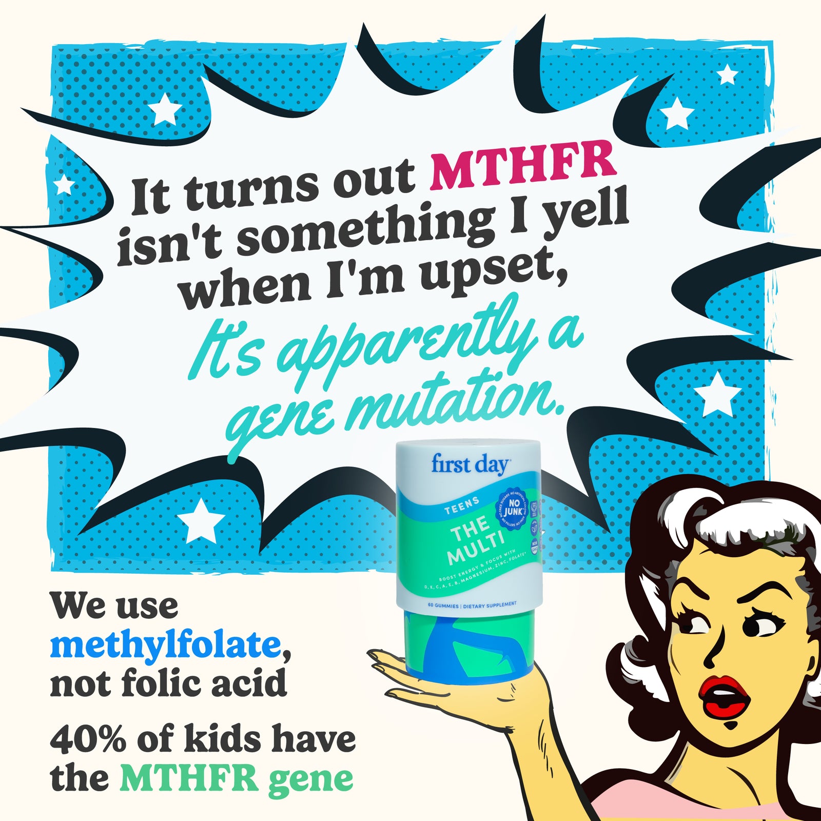 Cartoon-style illustration of a woman holding a supplement container with text about MTHFR and gene mutations.