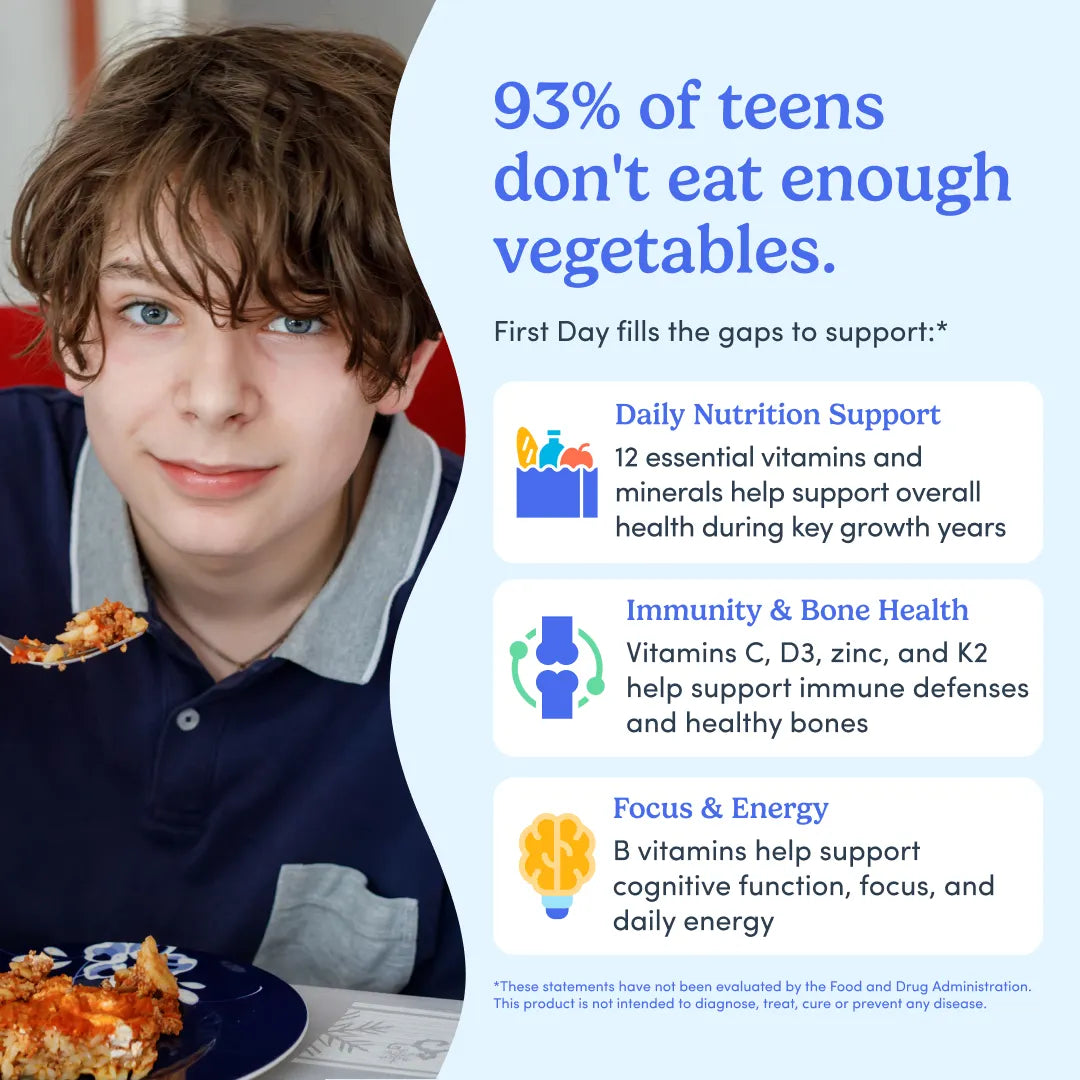 An informational marketing graphic with a photo of a boy eating pasta on the left and large blue text on a light blue background reading &