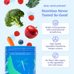 A blue canister of Real Wholesome Teens' Superfood Multi is shown on a light blue background with floating fruits and vegetables including broccoli, apple, raspberry, carrot, and blueberry. Text on the right reads 'Real Wholesome Nutrition Never Tasted So Good' with three benefit callouts.