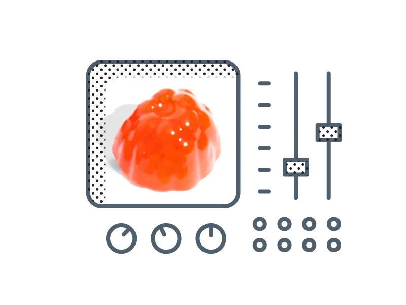 A red gelatin dessert is centered in a square with dotted borders, surrounded by abstract icons including sliders, dials, and buttons on a white background.