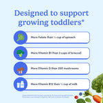 An infographic-style product image on a light blue background with the headline 'Designed to support growing toddlers*' and four rounded text panels listing nutrient claims: more folate than 1/2 cup of spinach, more Vitamin B1 than 3 cups of broccoli, more Vitamin D than 200 mushrooms, and more Vitamin B12 than 1/2 cup of milk. Small broccoli, carrot, and leaf graphics appear along the bottom right.