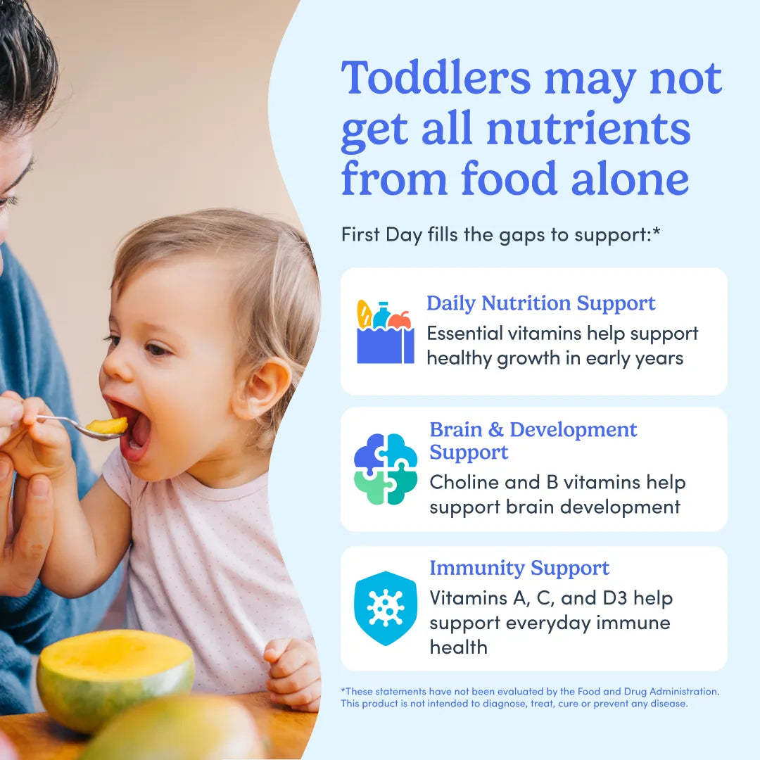An informational marketing graphic with a photo of a toddler being fed on the left and large text and three benefit callouts on the right about toddlers not getting all nutrients from food alone, including daily nutrition support, brain &amp; development support, and immunity support.