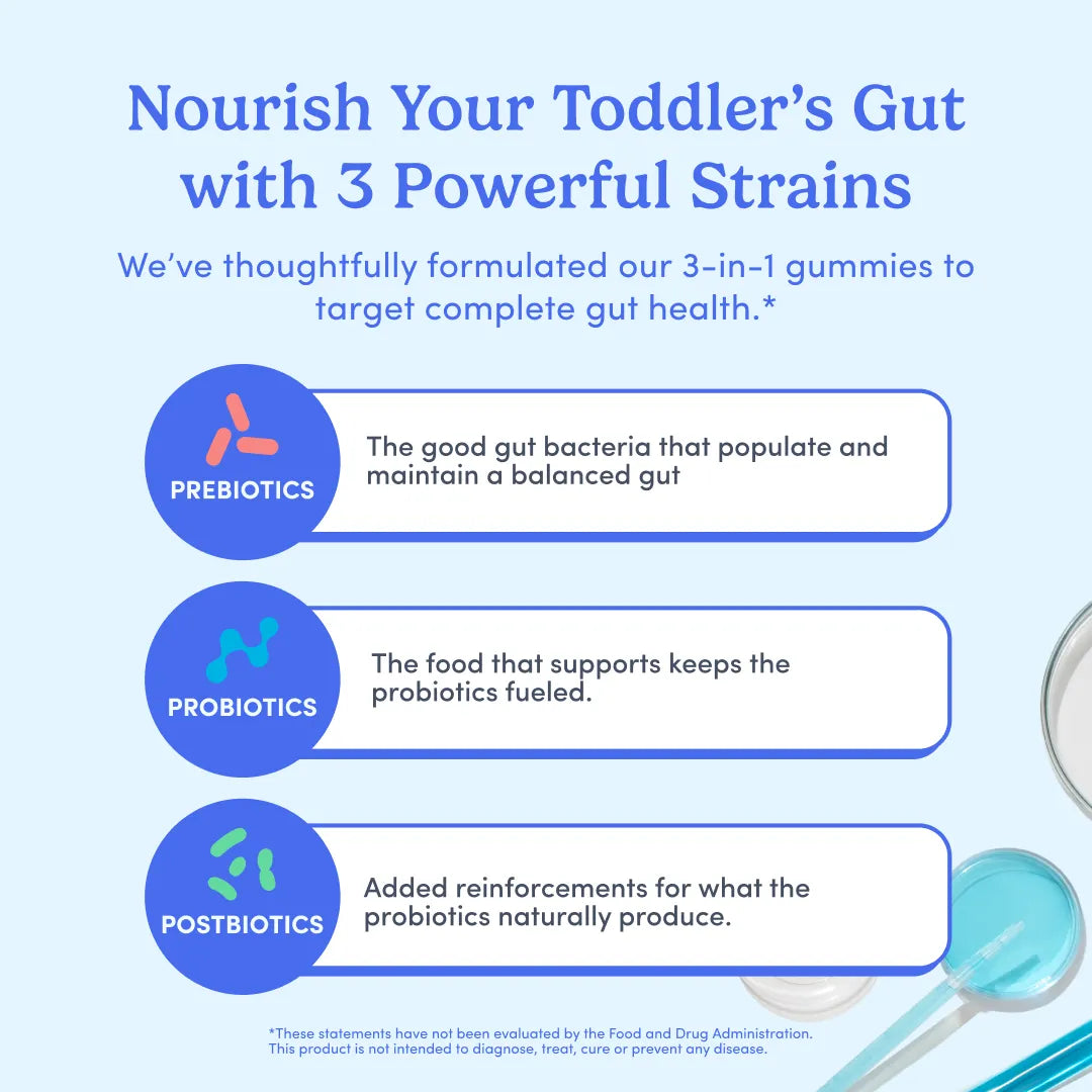 An informational graphic for toddler gut health gummies. The light blue background features the headline &