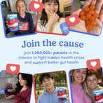 A promotional collage with multiple family portraits holding First Day Prebiotic & Probiotic powder cups, orange gummy candies, and heart-shaped icons, with the text 'Join the cause' and a message about supporting better gut health.
