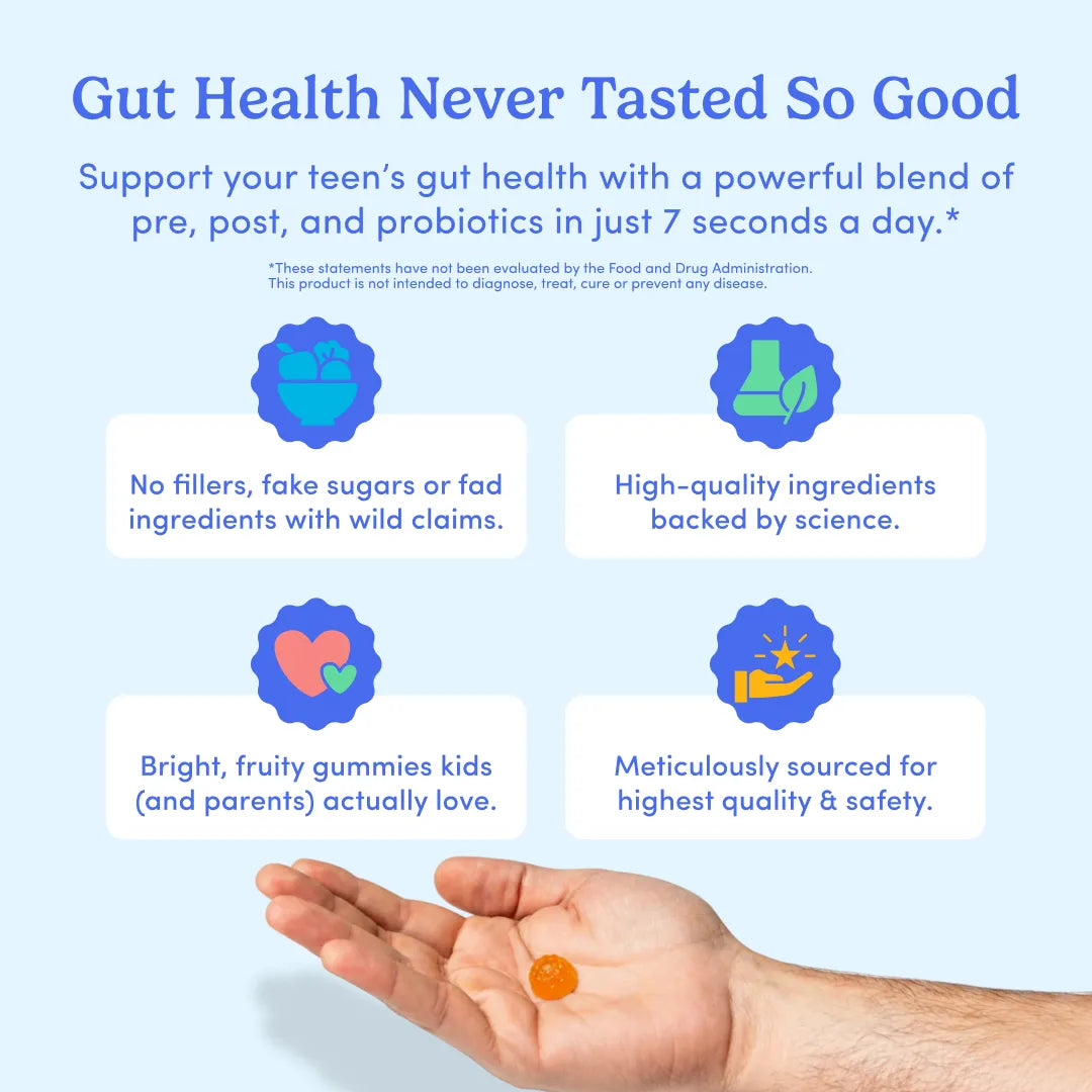 Promotional graphic for gut health gummies with the headline &