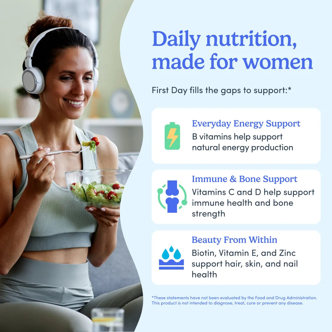 Promotional graphic with a smiling woman wearing white headphones and eating from a glass bowl, alongside large blue text reading &