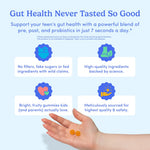 Promotional graphic for a gut health supplement. The top features the headline 'Gut Health Never Tasted So Good' in blue text on a light blue background.